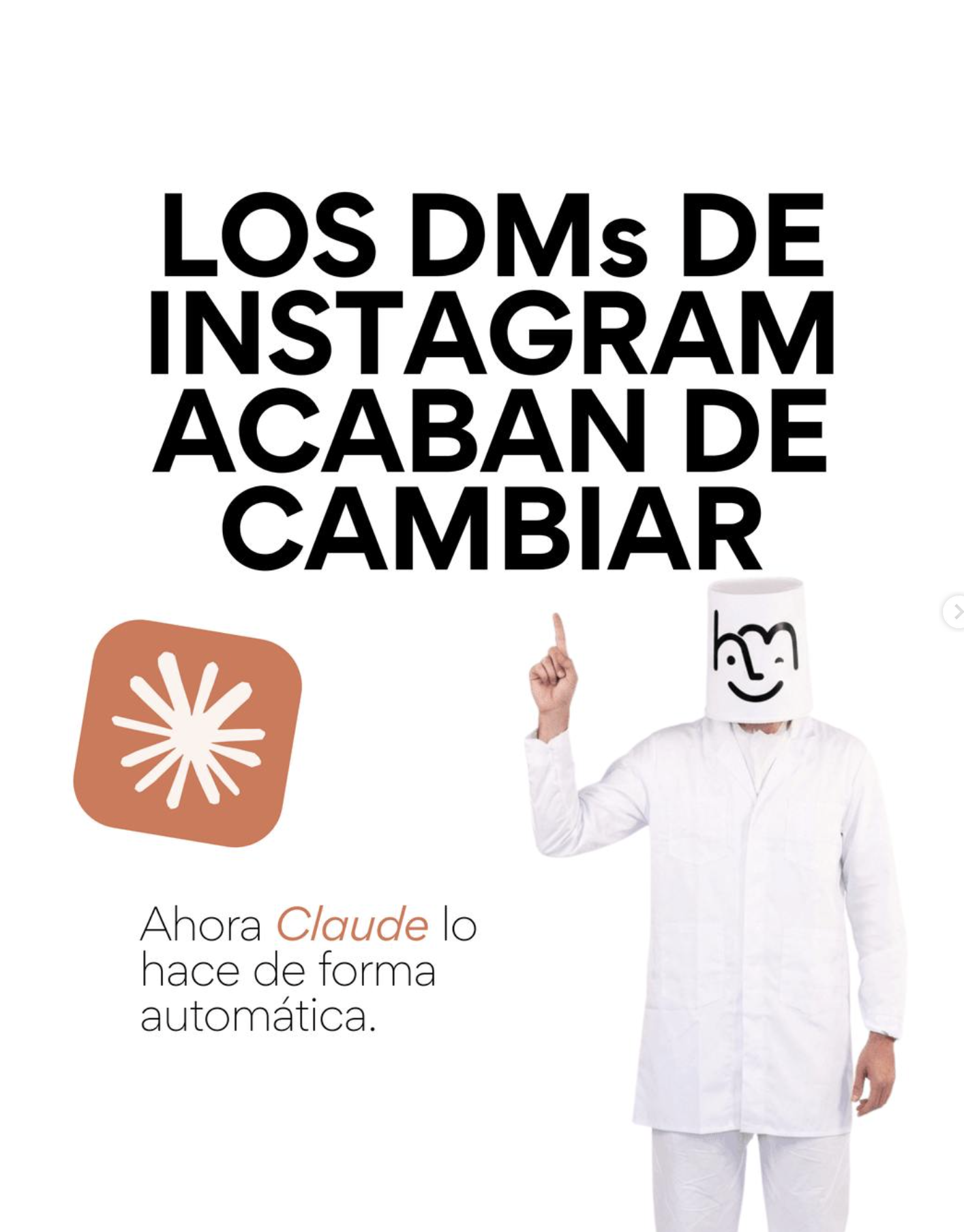 Mark con máscara cilíndrica blanca, carita h-m y bata blanca, señalando hacia arriba